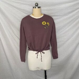 Dark Off Purple Drawstring Bottom Long Sleeve Shirt Sunflower Print Back Quote